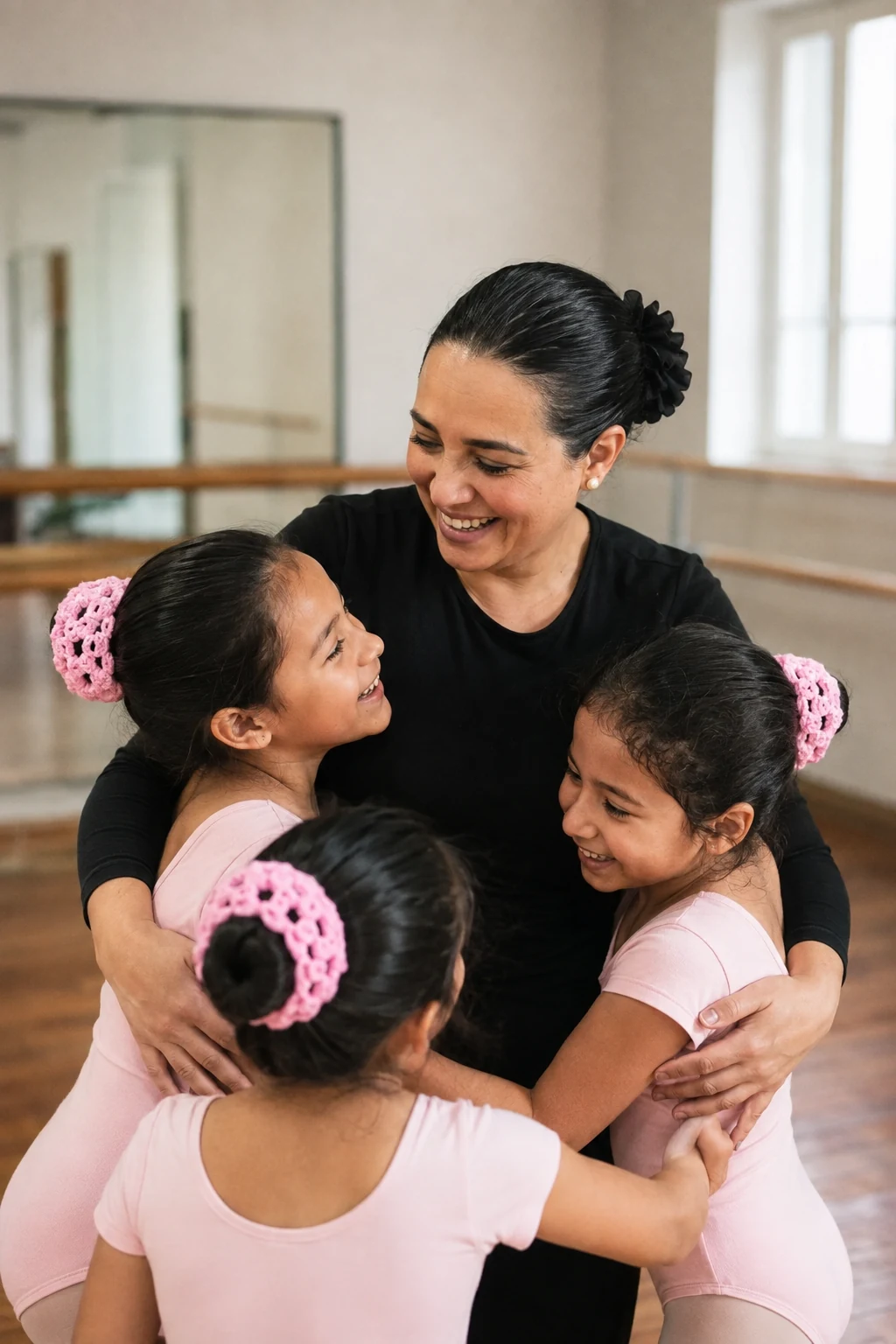 A dance teacher embracing three young ballet students in a studio