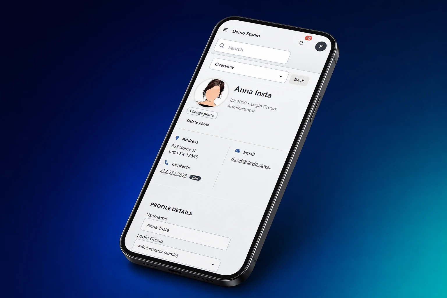 Angled phone concept showing the supplied administrator profile screen from the upcoming DSM interface