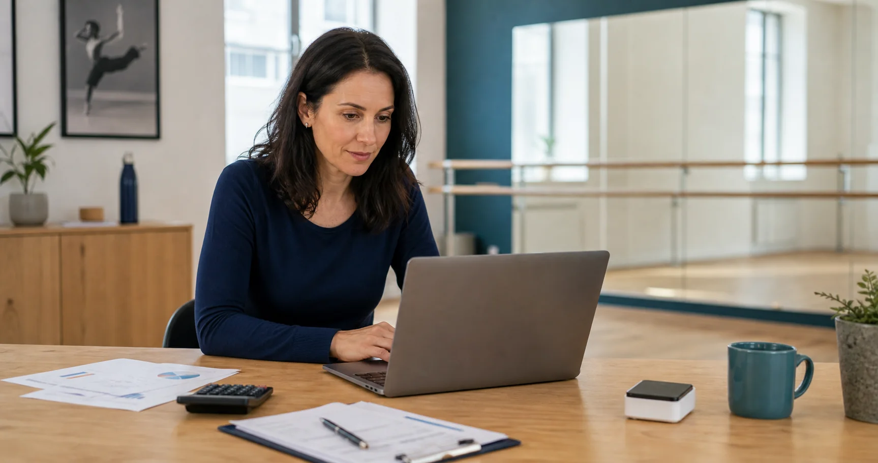 Dance studio owner reviewing tuition and payment reports on a laptop inside her studio