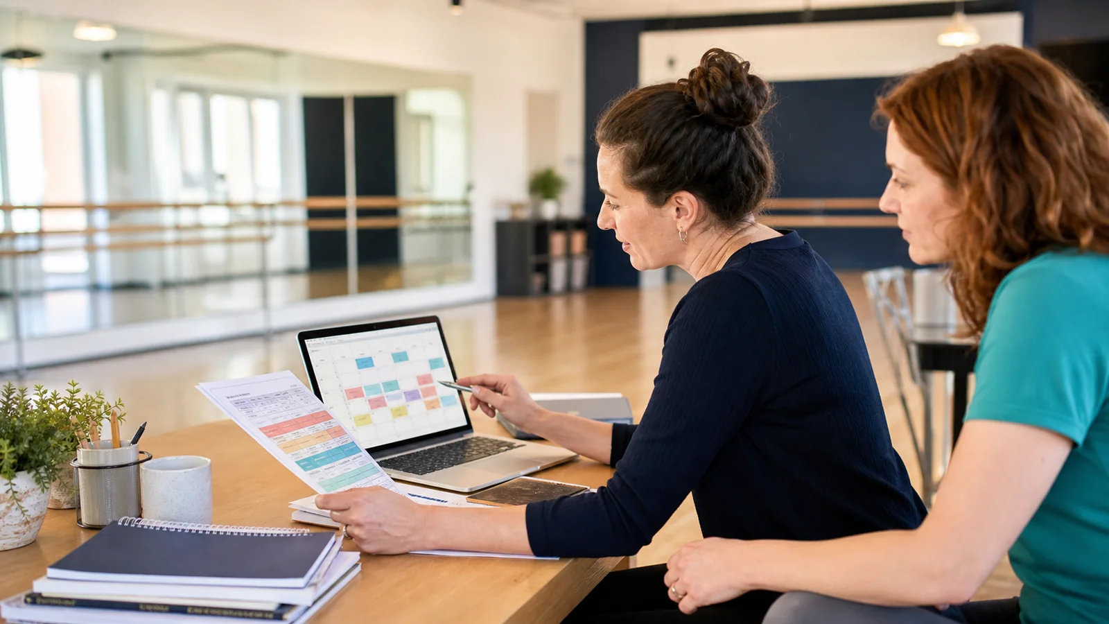 Dance studio owner turning a printed class schedule into an online calendar