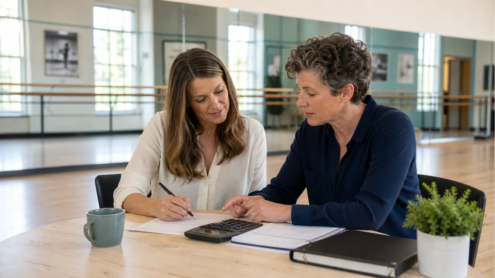 Dance studio owner and teacher reviewing a compensation plan