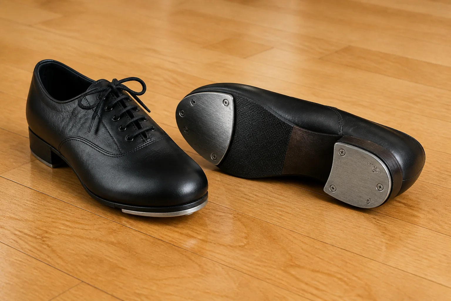 Black tap shoes showing the metal toe and heel plates