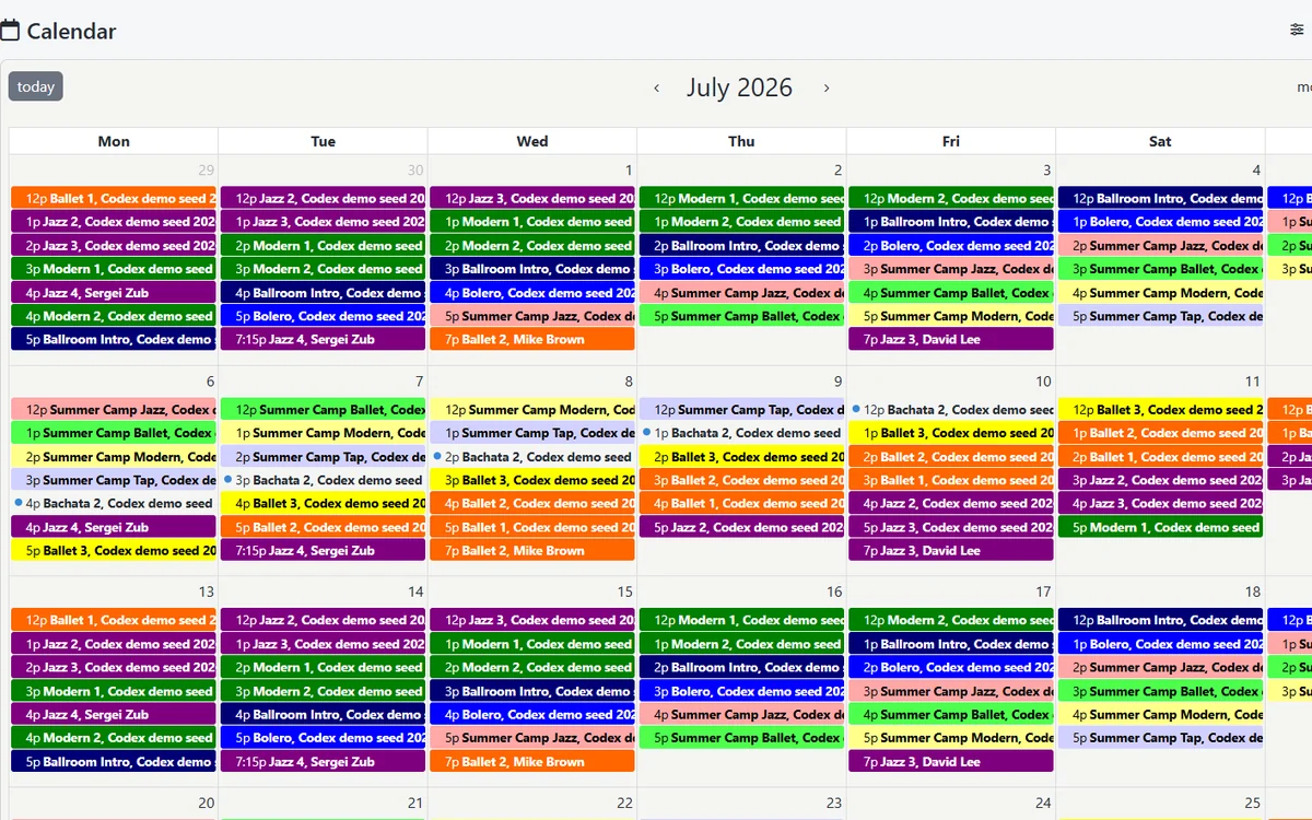 Actual DSM calendar with color-coded ballet, jazz, tap, and ballroom classes using demonstration data