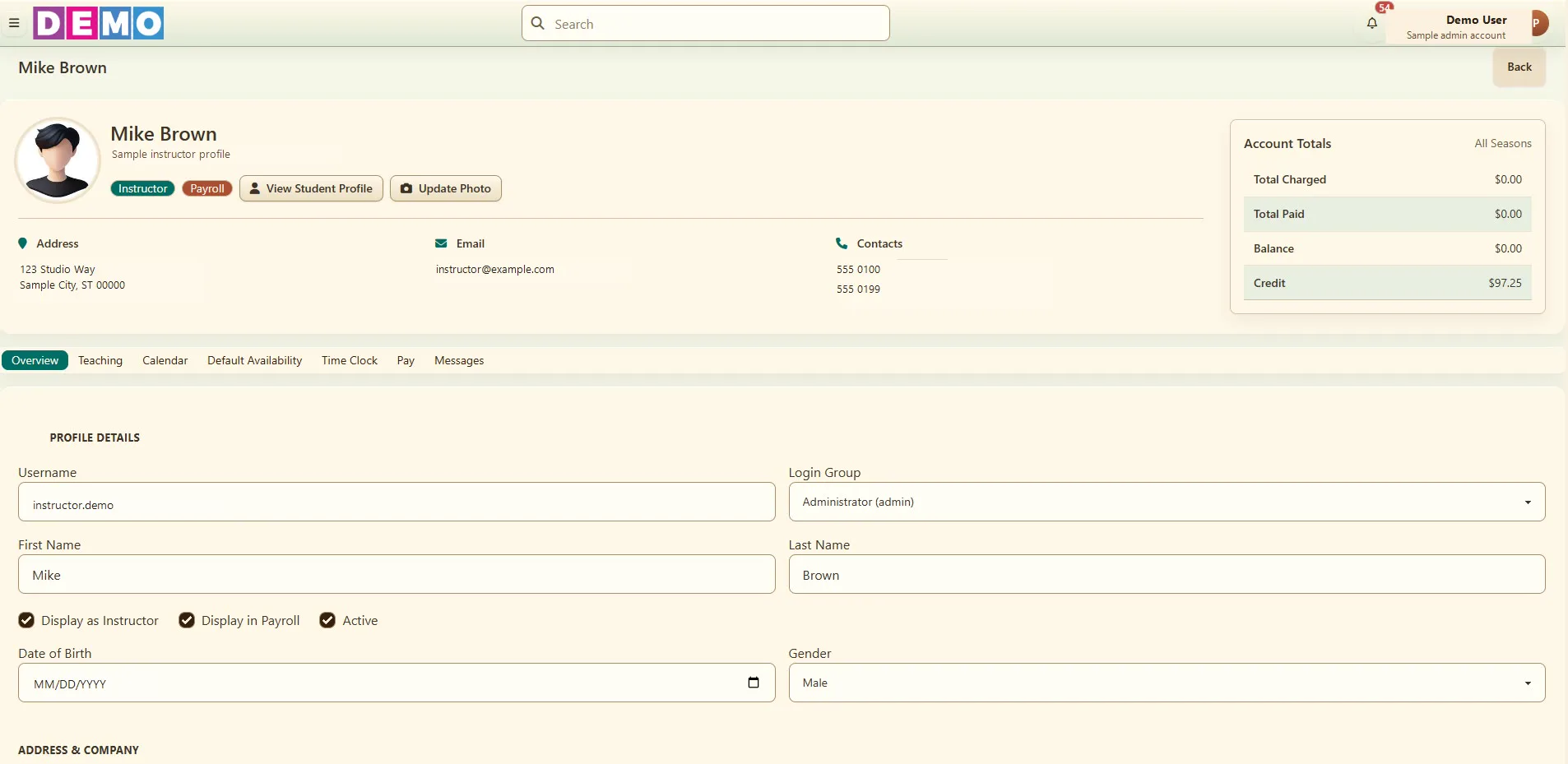 A DSM instructor profile with teaching, calendar, availability, time clock and pay tabs