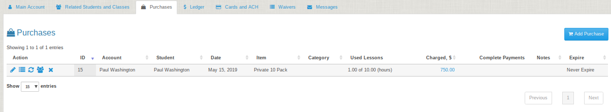 purchases tab where you can see private lessons purchased