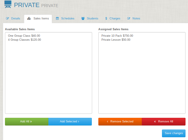associate sales items with the private lesson class