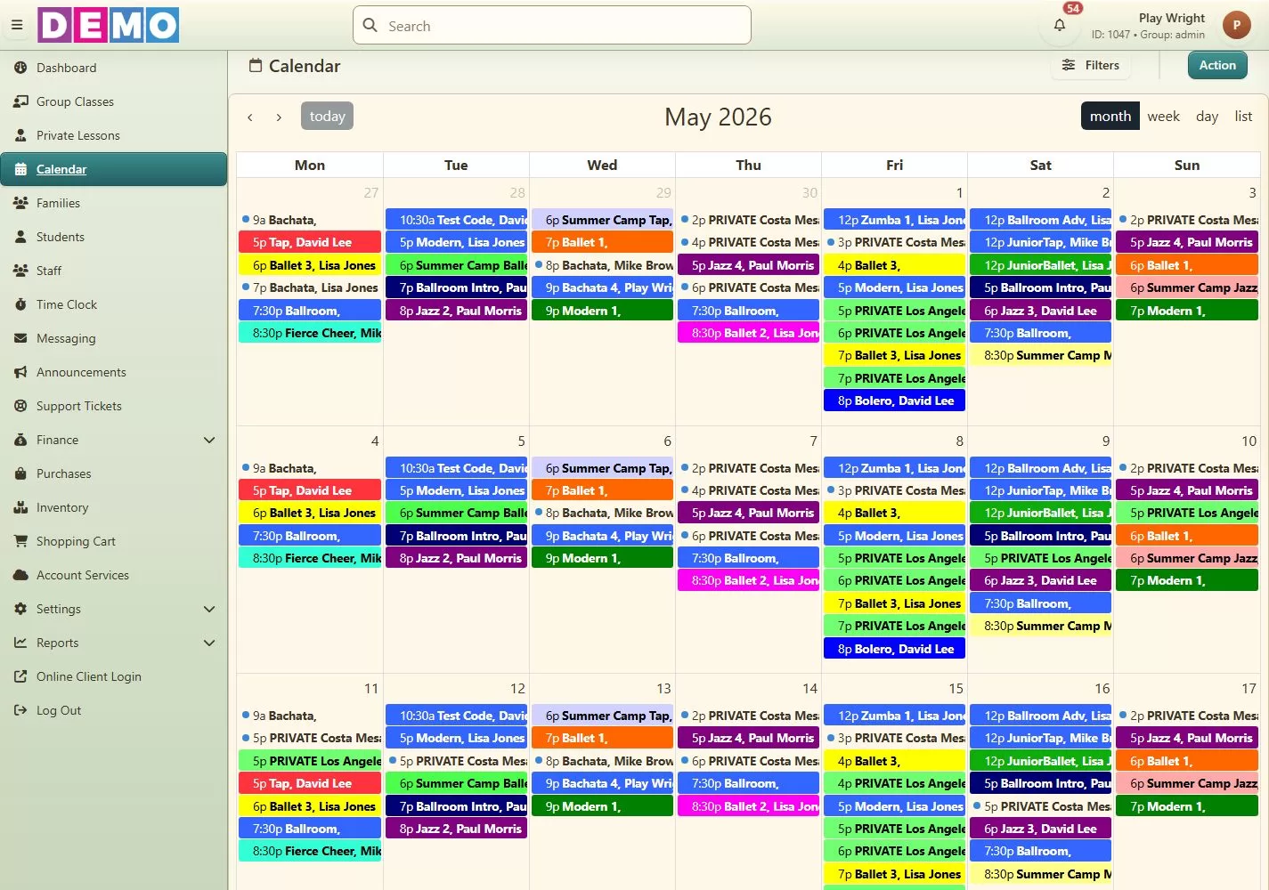 Dance Studio Manager calendar month view with color-coded classes