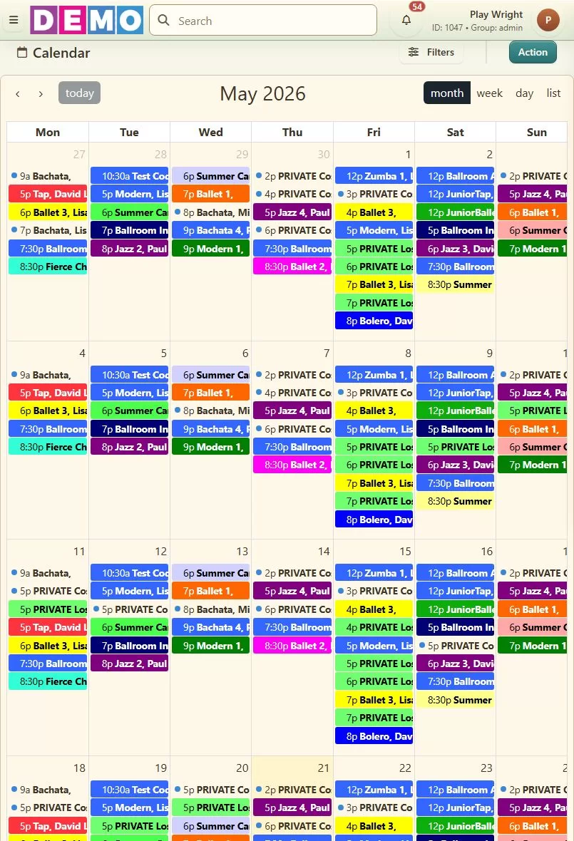 Tablet-sized Dance Studio Manager calendar screenshot