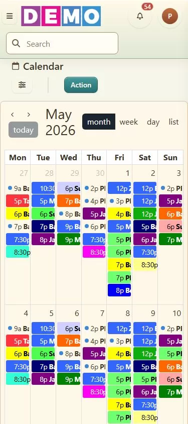 Mobile calendar view in Dance Studio Manager