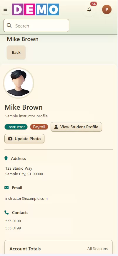 Mobile instructor profile in Dance Studio Manager