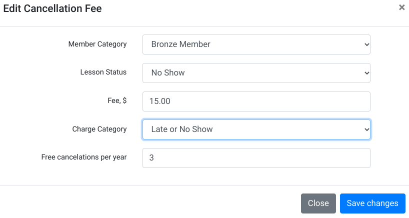 Member fee for Cancelling too late or No Show.