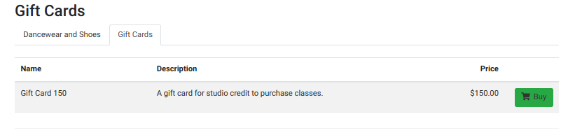 displaying gift cards in tabs
