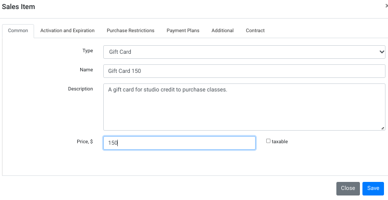 Adding the gift card as a sales item in DSM