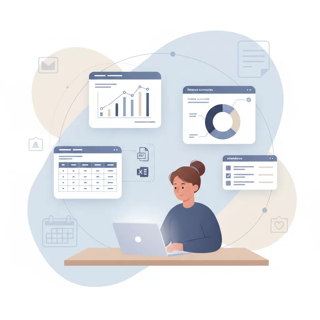 A clean, modern flat-style illustration of a female studio owner working on a laptop, surrounded by floating UI dashboards displaying dance studio growth charts, attendance lists, and finance summaries with PDF and Excel export icons.