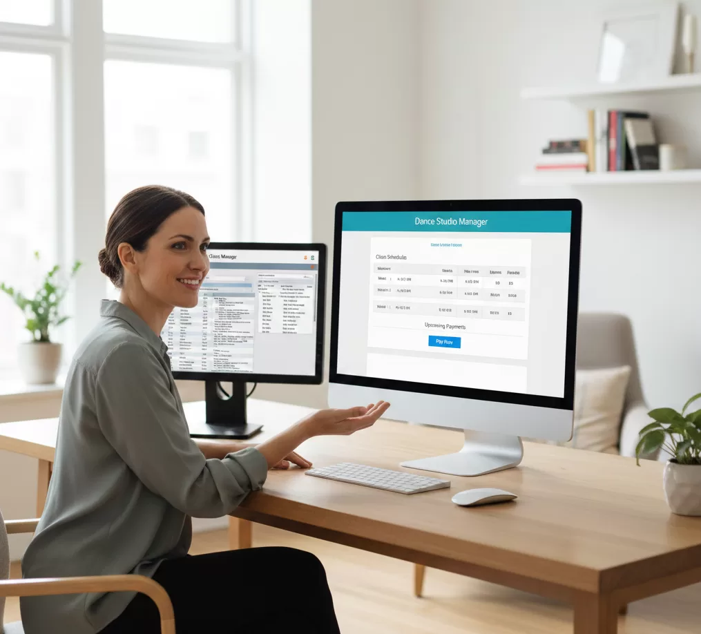Parent using Dance Studio Manager (DSM) portal for easy schedule viewing and online payments, compared to the more complicated Class Manager interface.