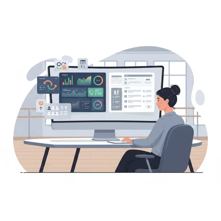 An illustration of a professional woman, likely a dance studio owner, sitting at a desk and reviewing two side-by-side software dashboards on a large computer monitor. The dashboard on the left is dark-themed and data-rich with colorful charts and graphs, while the dashboard on the right is light-themed with a simpler, cleaner layout. Floating UI icons representing calendars, student profiles, and reports hover around the screen. The scene is set in a modern studio environment with a ballet barre visible in the background, designed in a clean SaaS vector style with soft gradients and a neutral color palette.