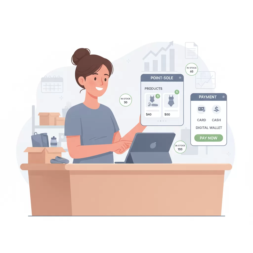 A modern SaaS-style vector illustration of a dance studio owner using a tablet point-of-sale (POS) system, featuring floating UI elements for inventory tracking, retail product cards, and payment processing icons in a clean, professional interface.
