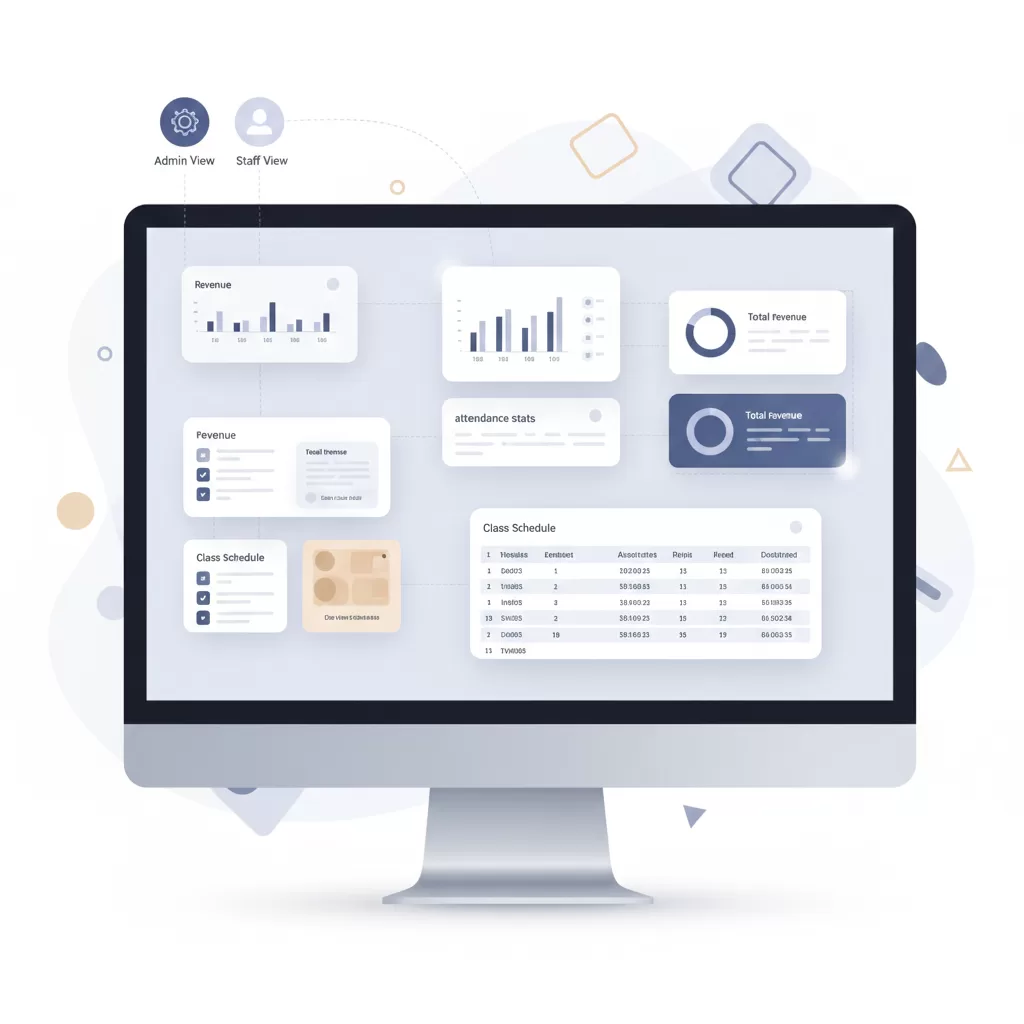 A clean, SaaS-style vector illustration of a customizable software dashboard on a monitor, featuring movable UI widgets for studio revenue, class attendance, and schedules, with profile icons representing personalized admin and staff user views.