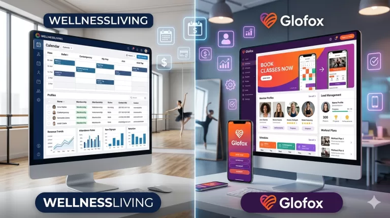 Dance studio software comparison chart for WellnessLiving and Glofox